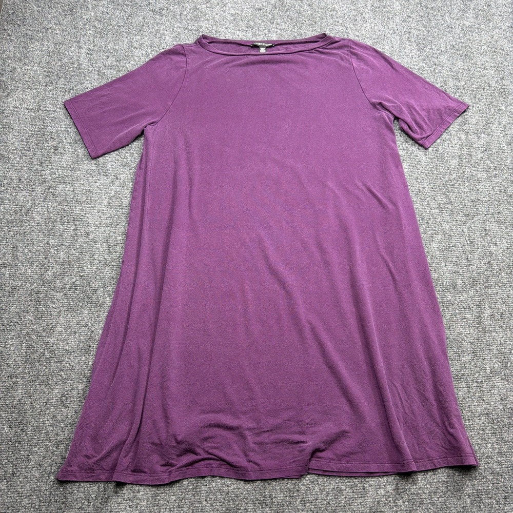 Eileen Fisher Long Tunic Short Sleeve Top Blouse Plum Slit Hem Relaxed Fit Small